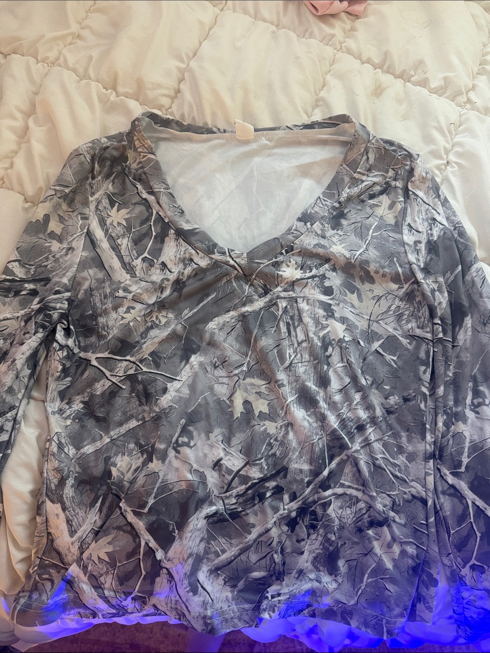 Gray Camouflage V-Neck Long Sleeve Top